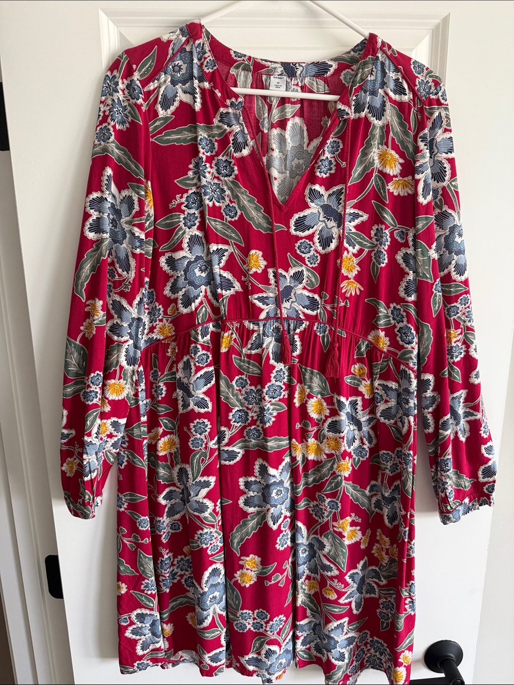 Old Navy Floral Red V-Neck Long Sleeve Babydoll Dress